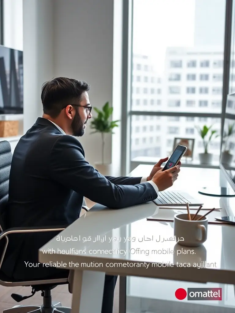 A professional using their smartphone for a video conference, emphasizing the reliable connectivity provided by Omantel's mobile plans for business.