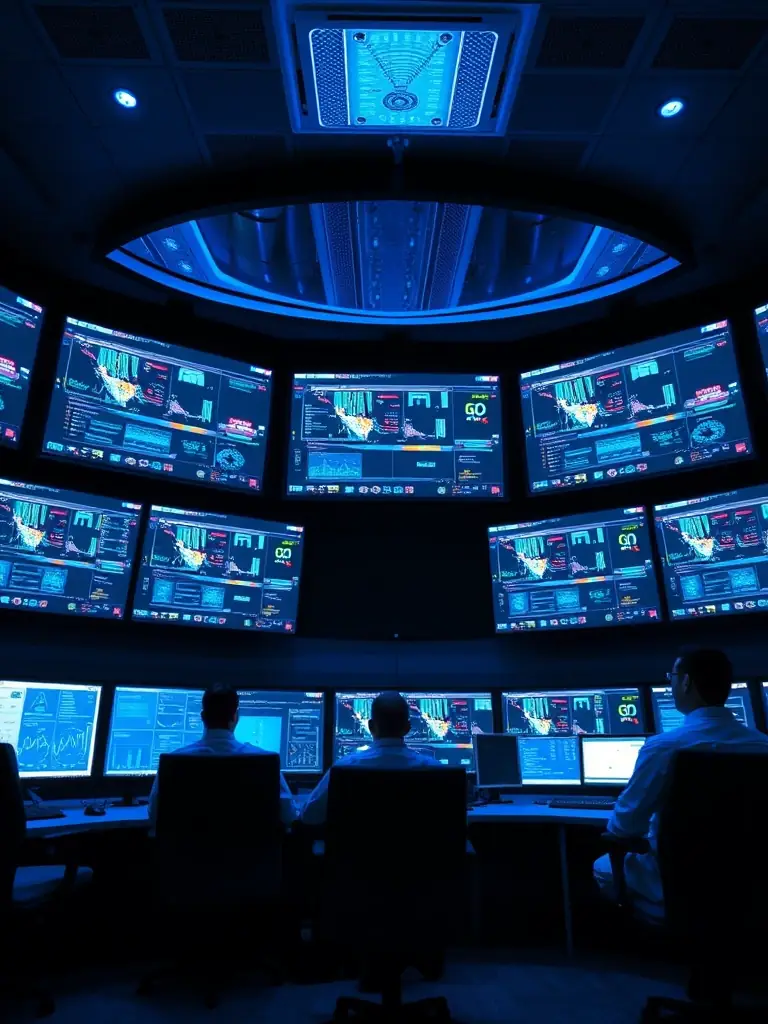 A photograph of a large enterprise's control room with multiple screens displaying network data, showcasing Omantel's enterprise-level solutions.