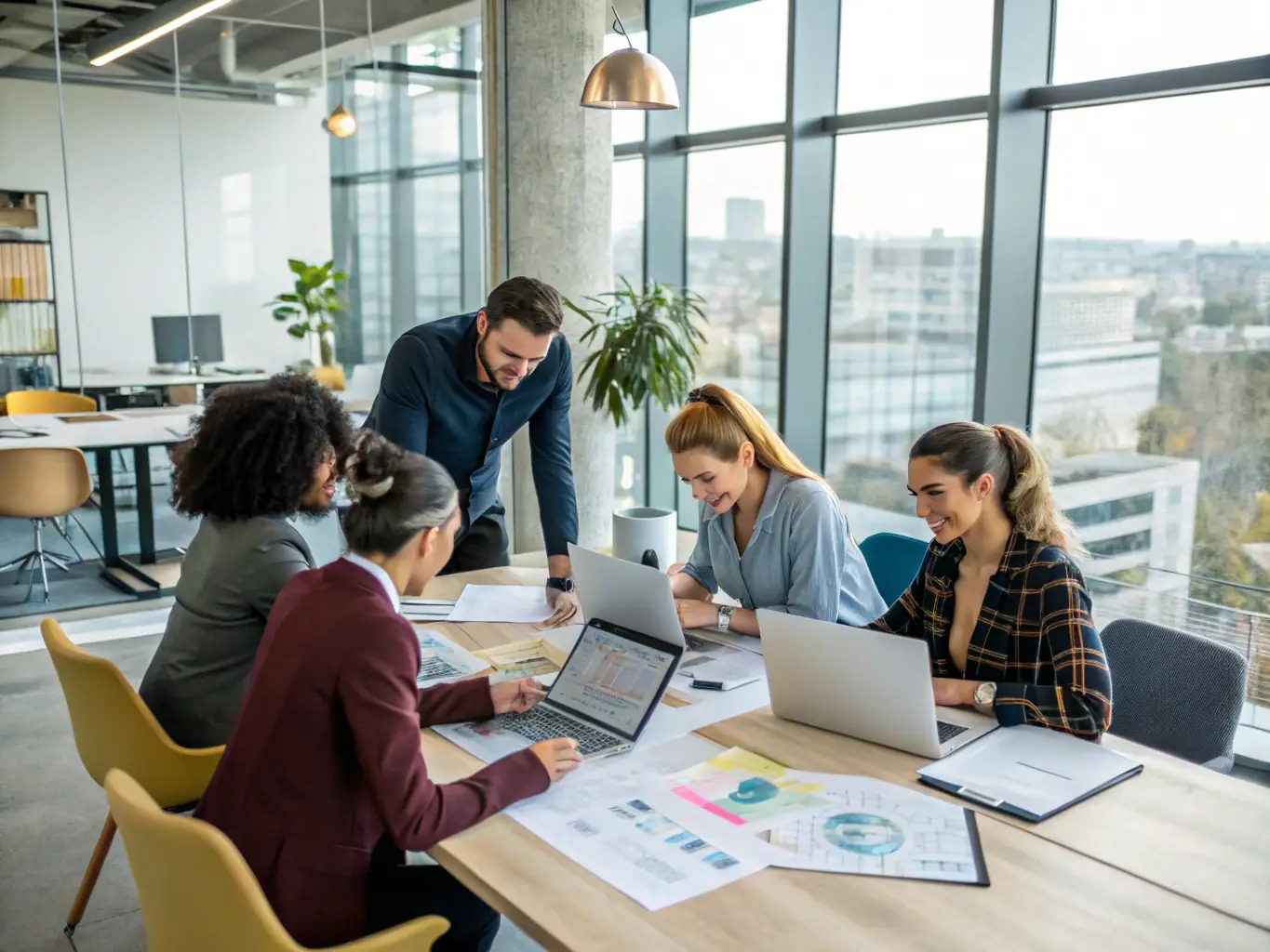 A professional office setting where employees are collaborating using high-speed internet for data transfer and video calls, highlighting the efficiency and productivity enabled by Omantel's fiber internet.