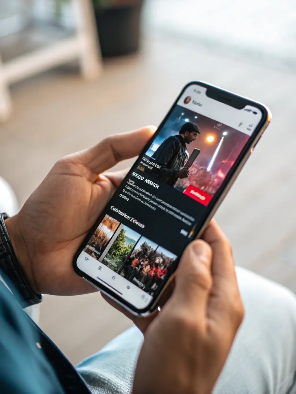 A close-up image of a smartphone displaying a high-definition video streaming seamlessly, highlighting the enhanced streaming capabilities of Omantel's 5G.