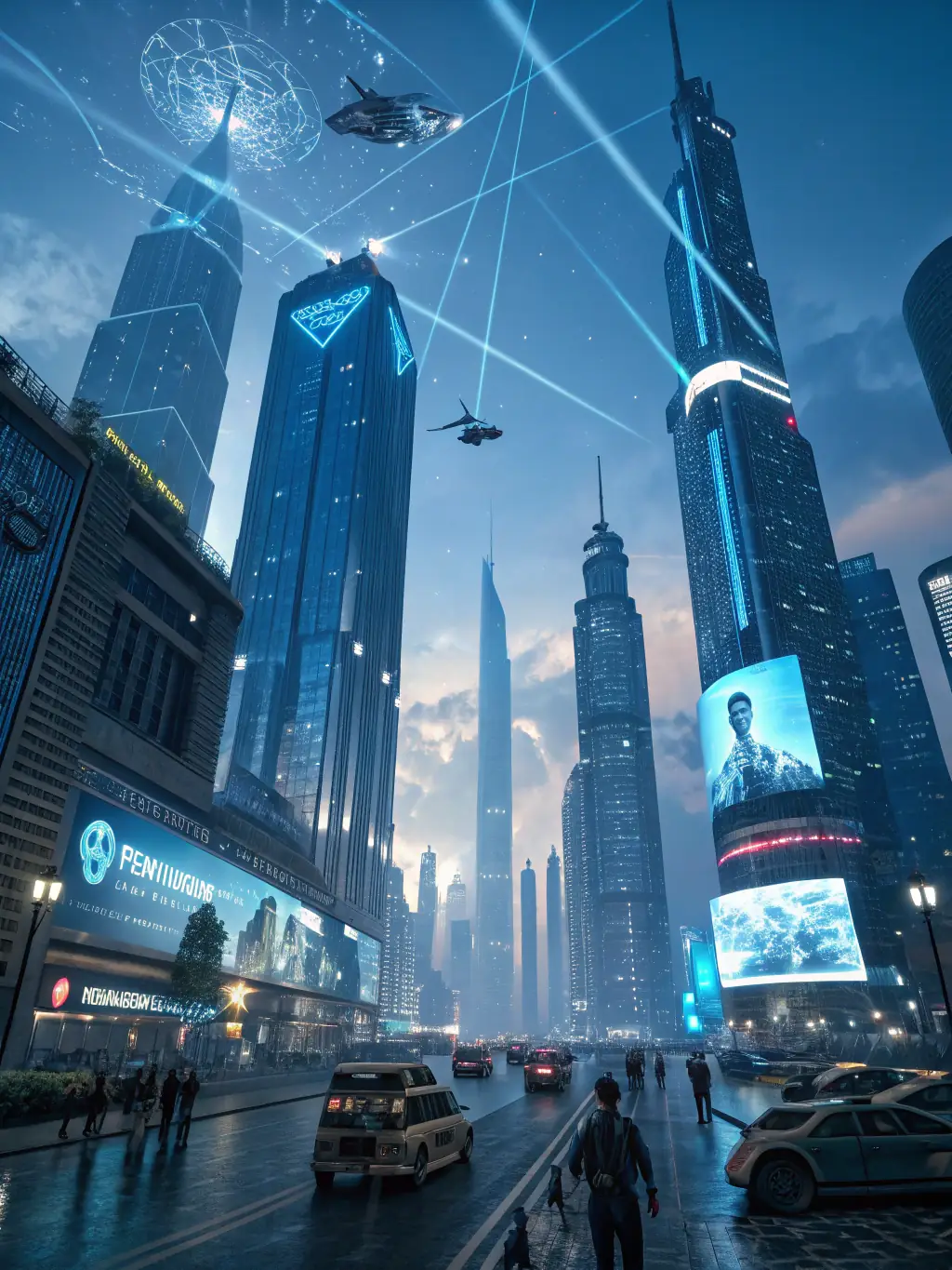 A dynamic image showcasing a futuristic cityscape with holographic projections and seamless connectivity, representing Omantel's advanced 5G network.