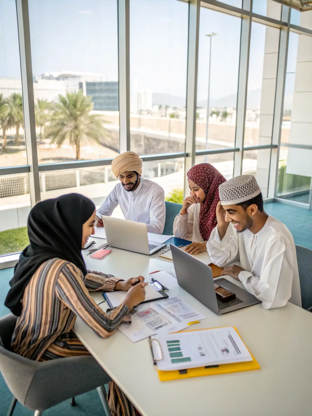A professional team collaborating in a modern office, connected by Omantel's business solutions, showcasing seamless communication and productivity.