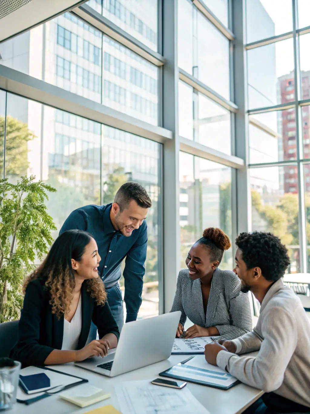 An image of a diverse team of professionals in a modern office, collaborating and using various devices, highlighting Omantel's commitment to inclusive business solutions.