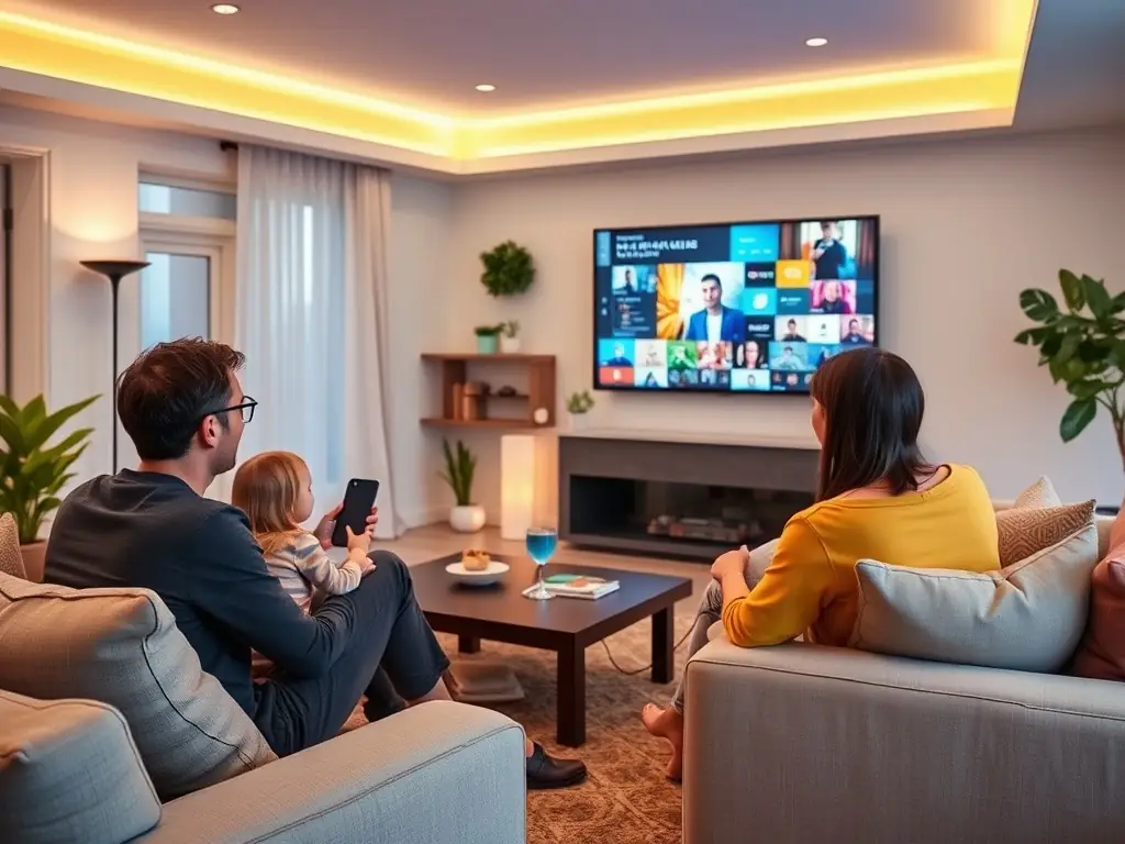 A modern home interior showcasing a family enjoying seamless streaming and video conferencing, all powered by Omantel's fiber internet connection. The scene emphasizes the reliability and speed of the internet service.