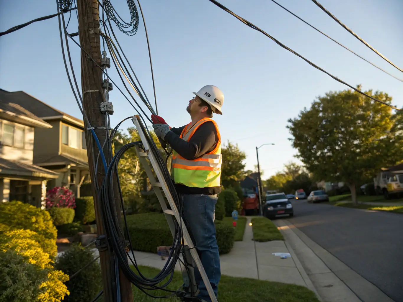 A technician installing a fiber optic cable in a residential area, emphasizing the advanced technology and infrastructure behind Omantel's fiber internet service.